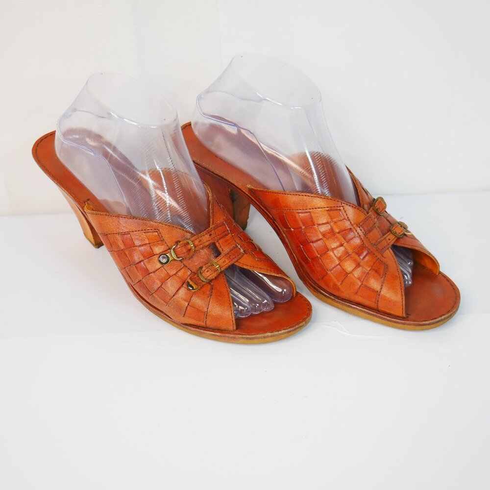Vintage 1960s JS Raub Shoes Open Toe Leather Woven Sandals with Heel Brown Sz 7